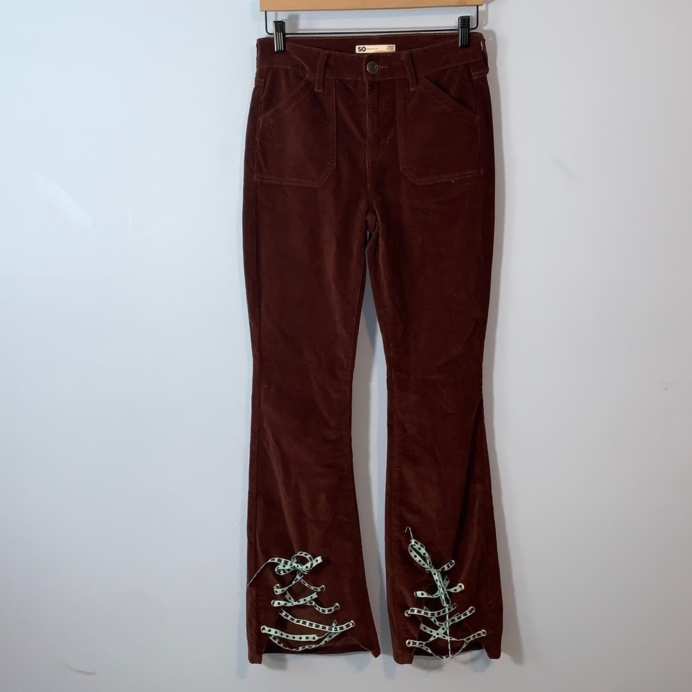 SO Chocolate Brown high rise Flare corduroy pants grommet lace up customized 7